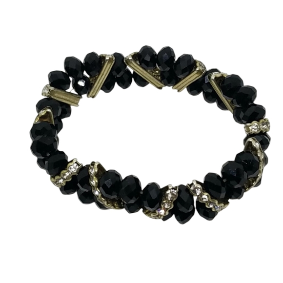 BLACK GLASS BEADED & WHITE GLASS RHINESTONE STRETCH BRACELET - Picture 5 of 6